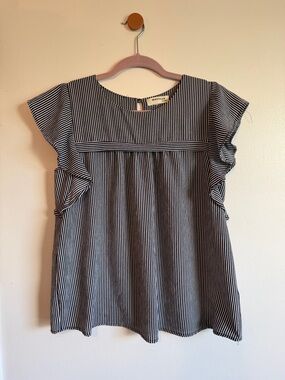 Navy Blue & White Stripe Ruffle Sleeve Top